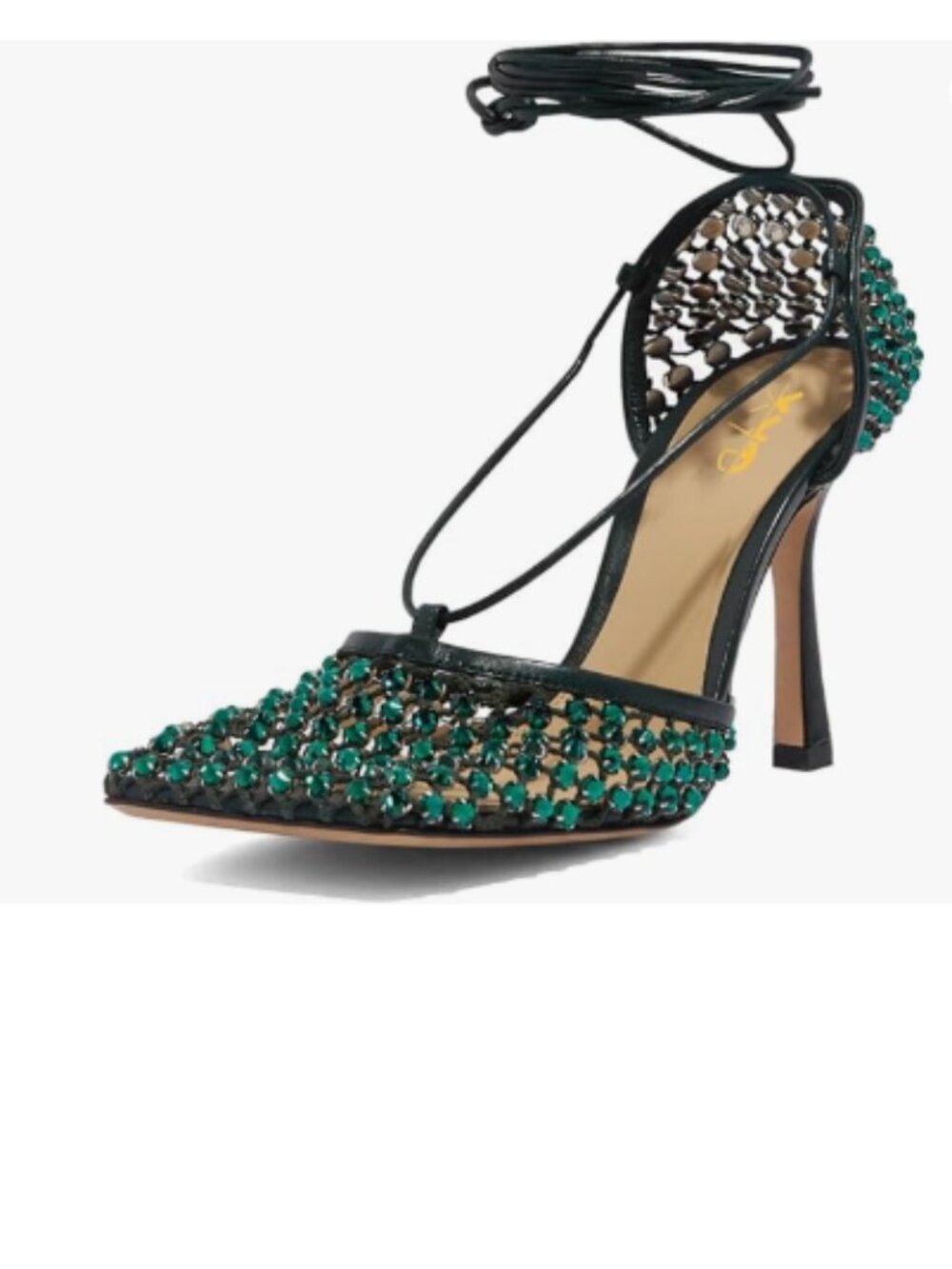XYD Green Square Toe Rhinestones Studded Fishnet Openwork Ankle Wrap Sandals